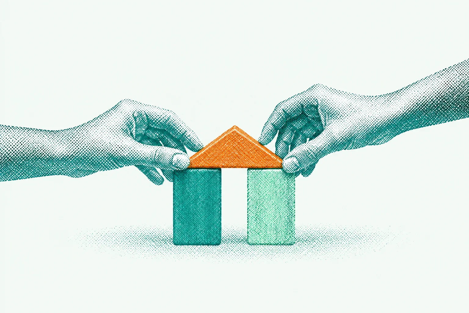 Two hands assembling a small structure from teal, mint, and orange blocks.
