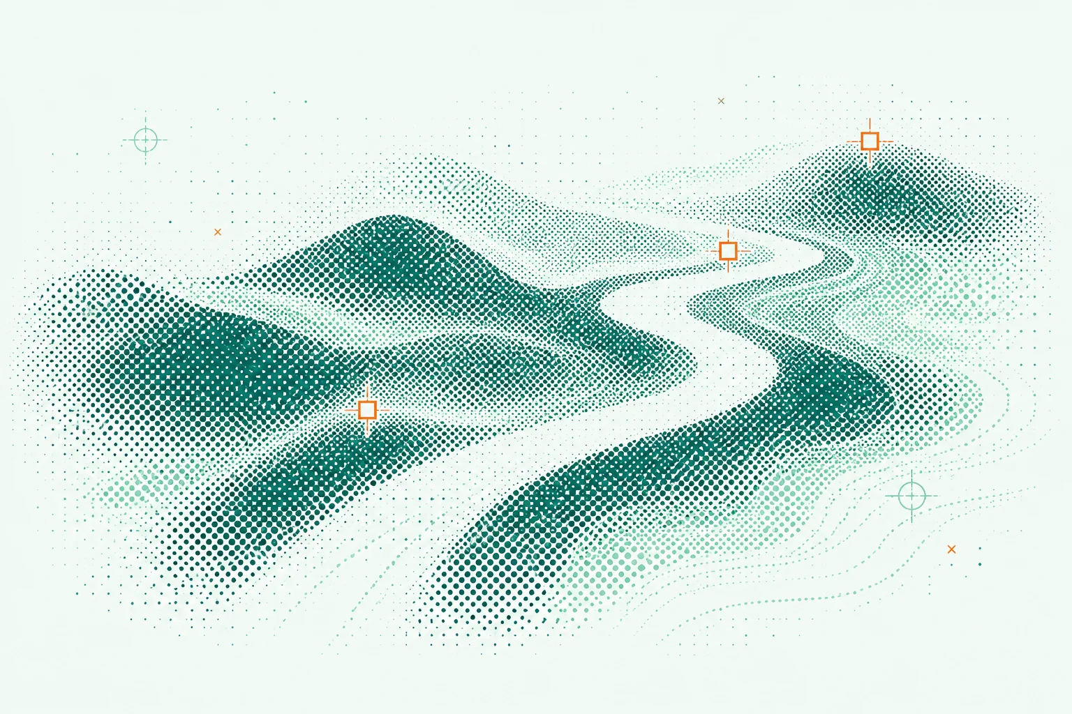 Teal halftone terrain with a winding path connecting three orange checkpoints.